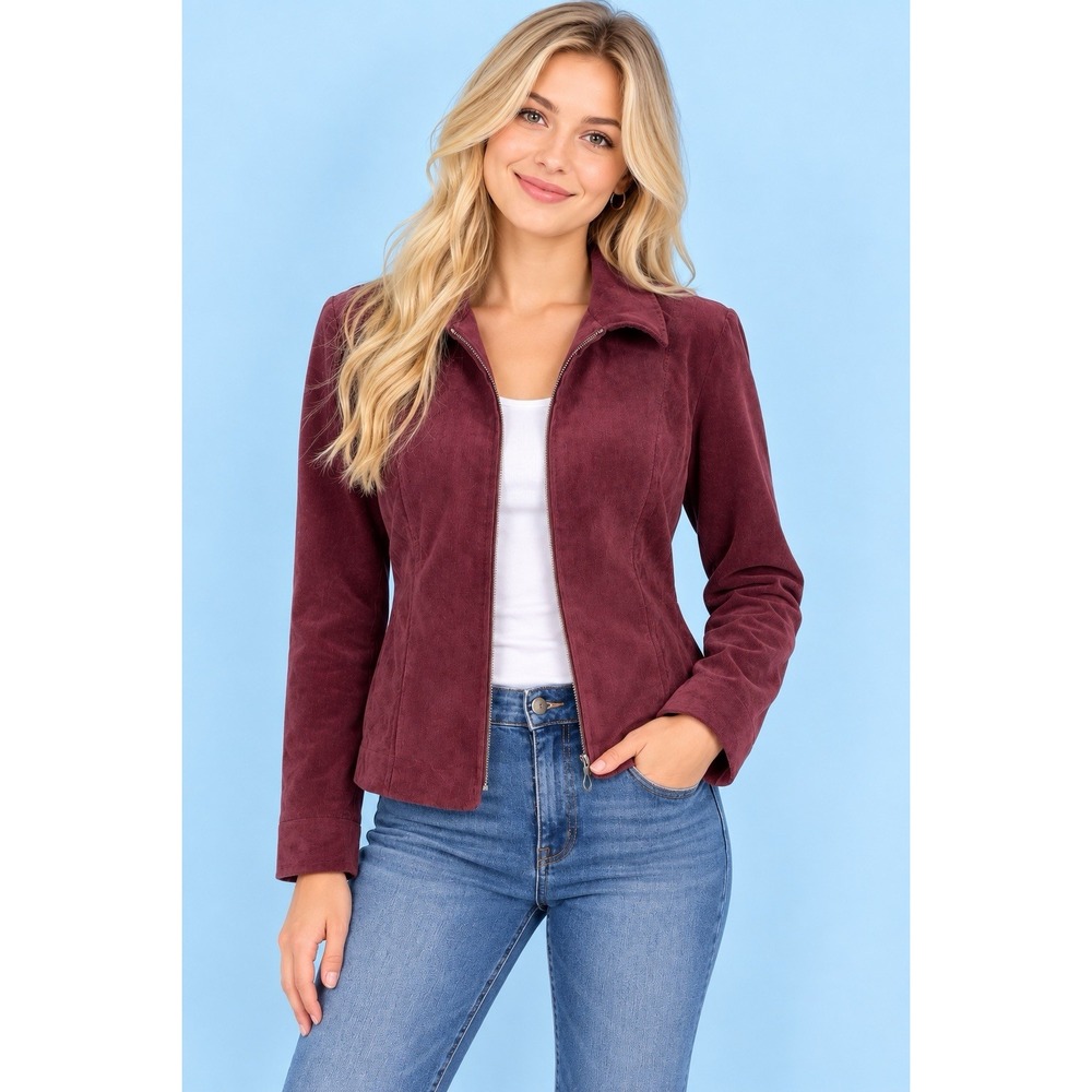 Christopher & Banks Women's Corduroy Jacket Sz Small Red Burgundy Zip Blazer